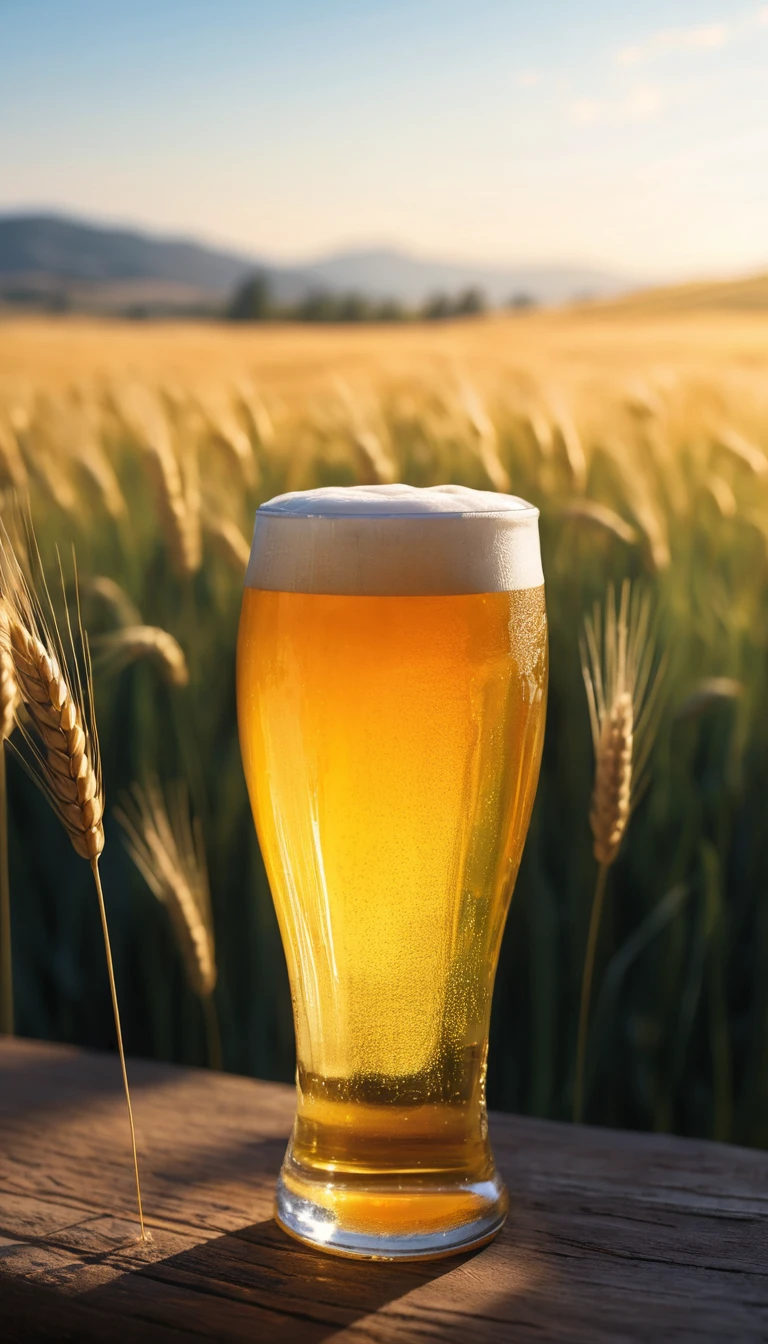 Glowing Beer Against A Soft Abstract Wheat Valley Scene