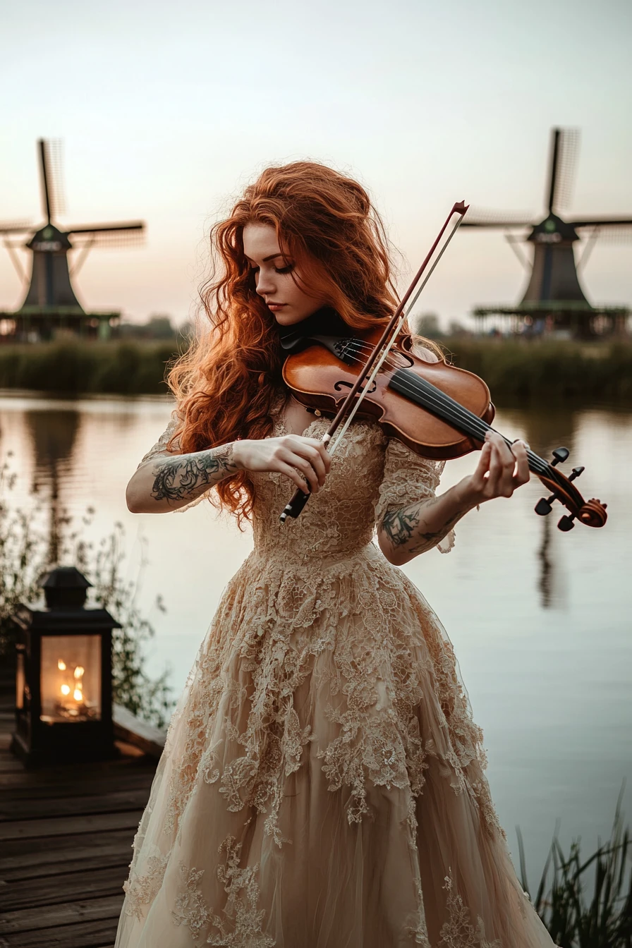 Woman in flowing gown playing violin at riverside sunset