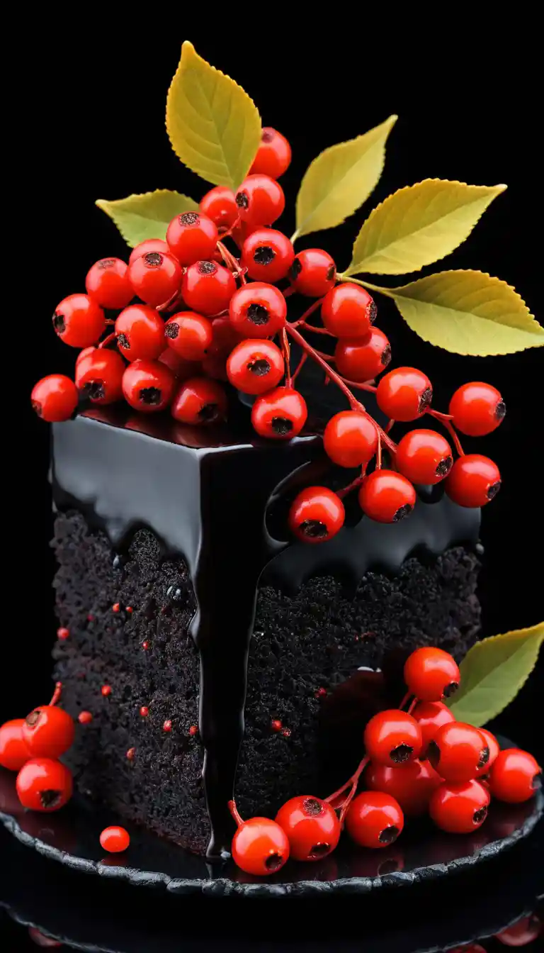 Rendering 3D in primo piano di bacche di sorbo su torta nera
