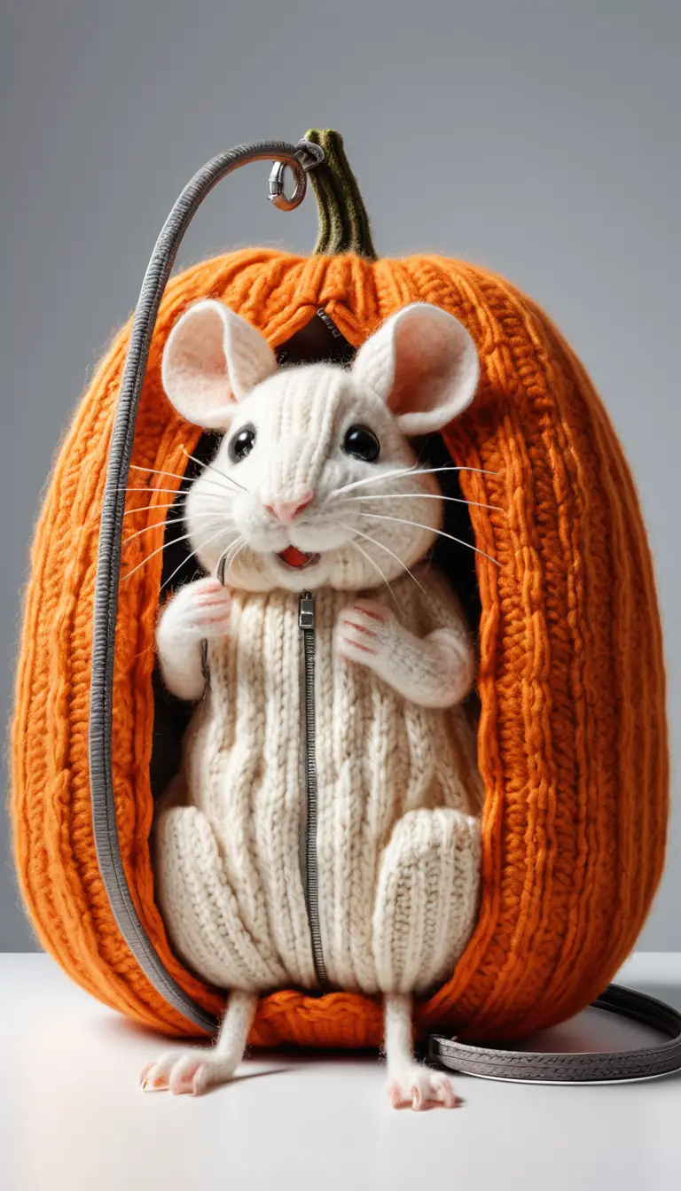Borsa di lana a forma di zucca 3D fotorealistica aperta da un topo