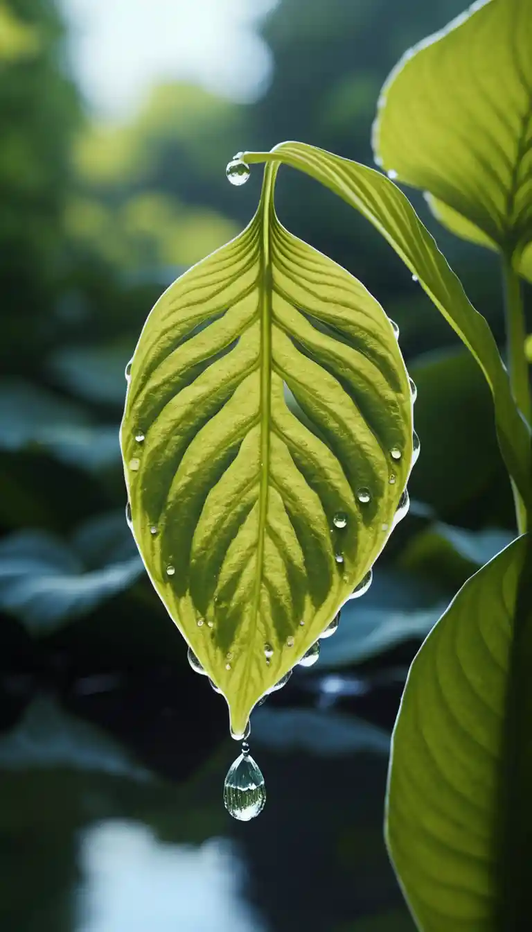 Macro mattutina di una foglia di hosta con goccia d’acqua riflettente