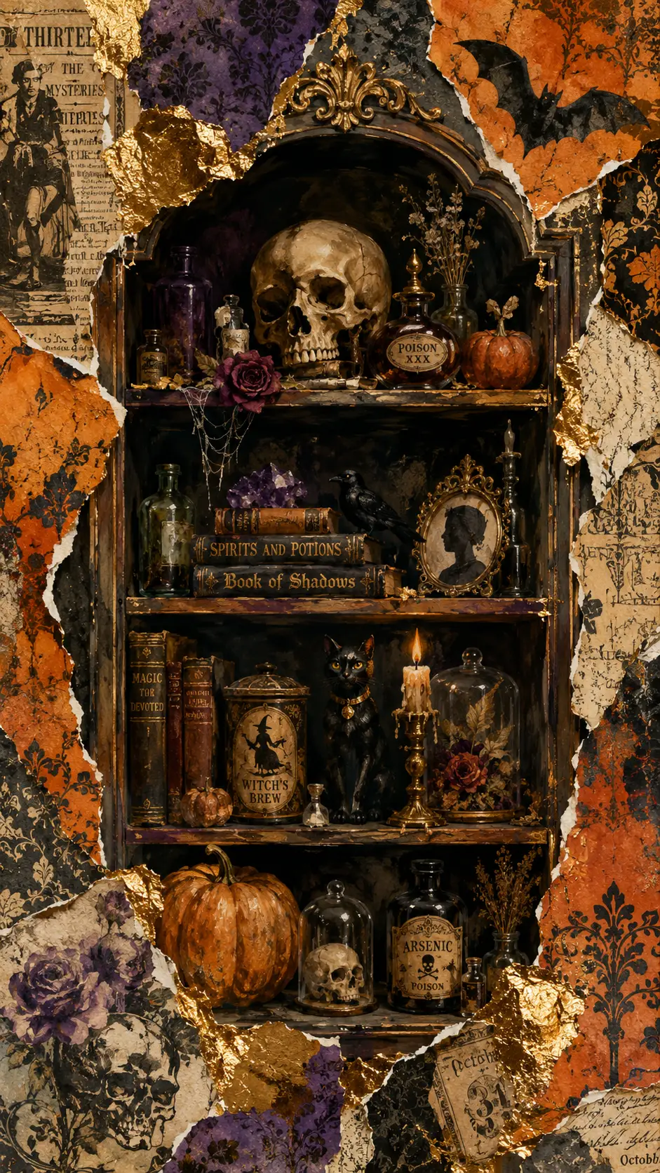 Prateleira vintage mística cheia de objetos de Halloween coloridos