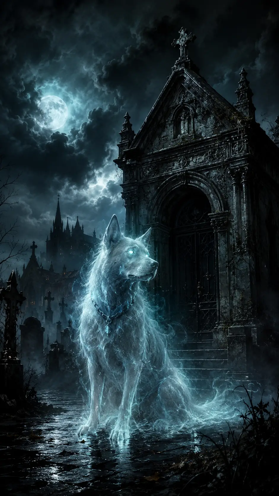 Ghostly dog guarding a mausoleum beneath stormy night skies