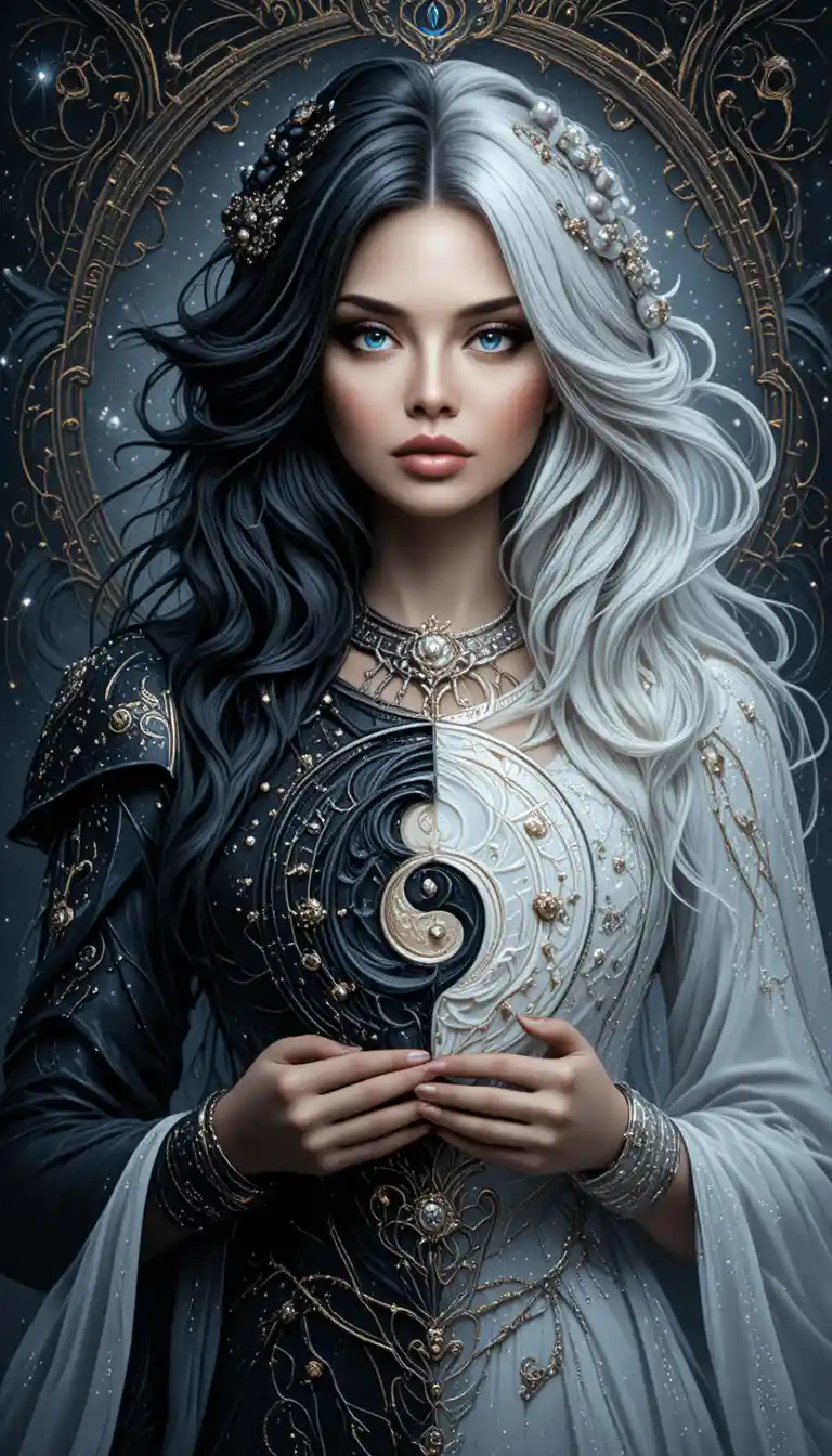 Yin and yang fantasy woman holding celestial symbol