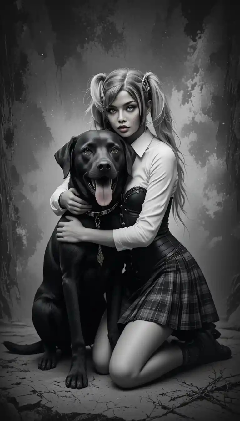 Girl kneeling with black labrador in monochrome portrait