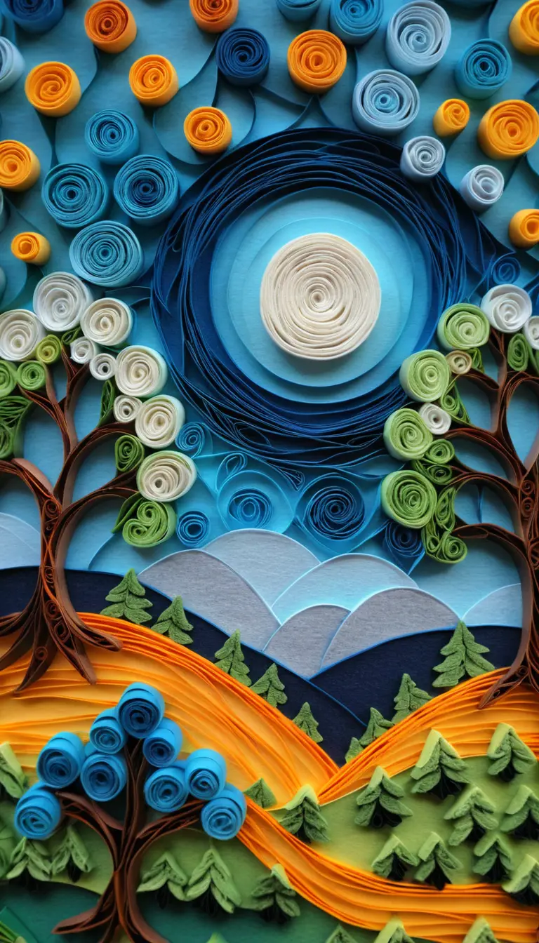 Paisaje de Fieltro Fantasioso con Árboles de Quilling y Cielo Estrellado