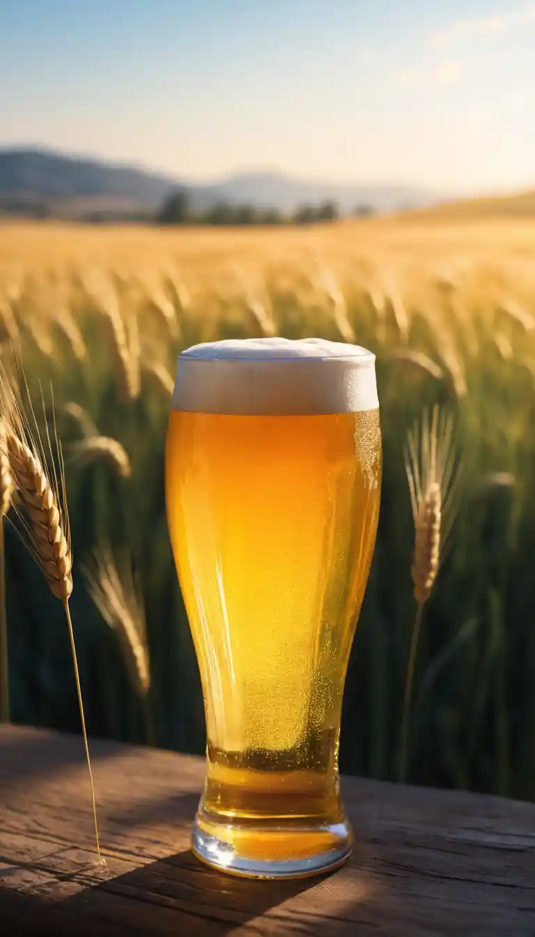 Glowing Beer Against A Soft Abstract Wheat Valley Scene