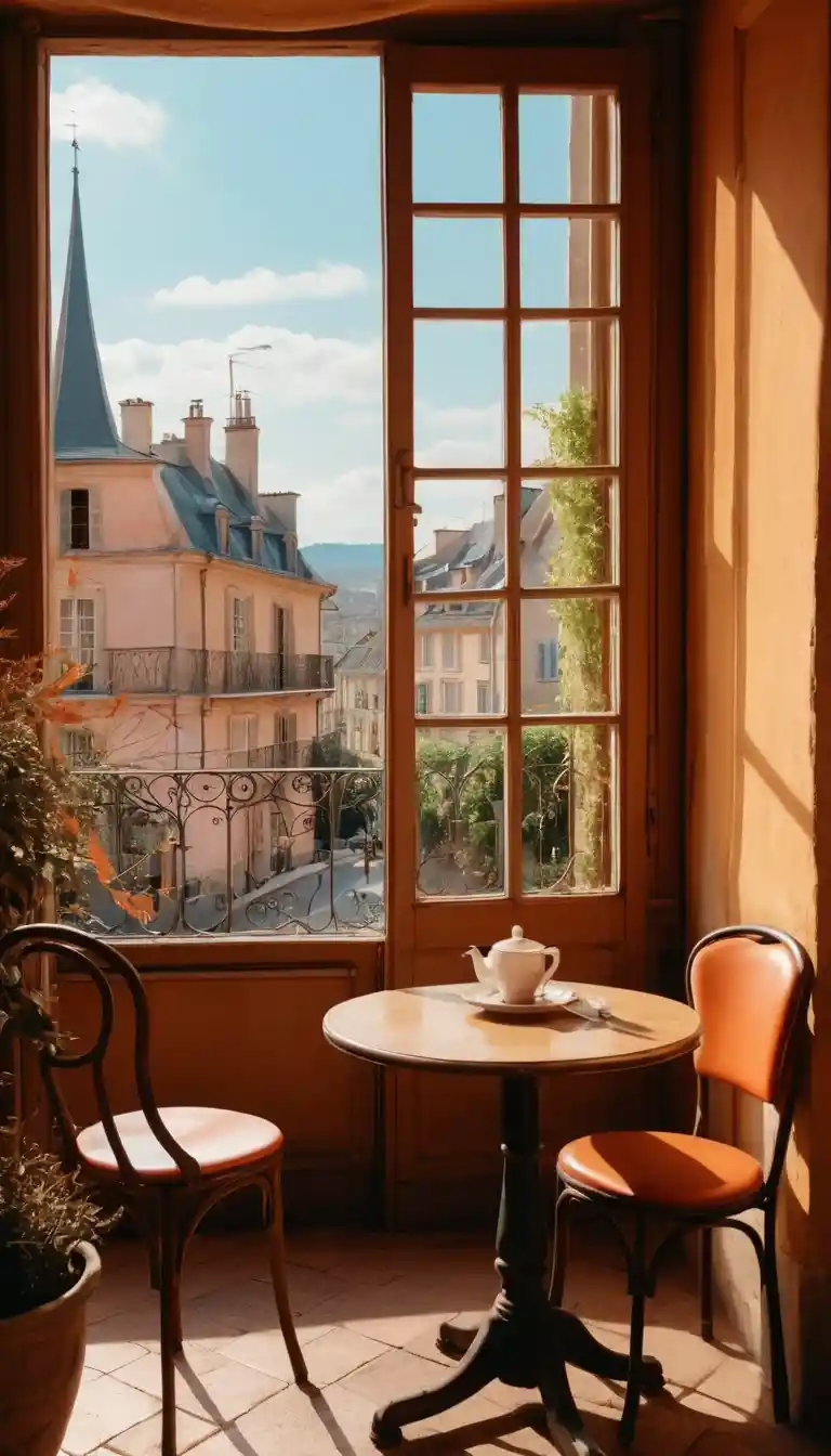 Intérieur de café vide et cosy avec lumière chaude et vue sur la fenêtre