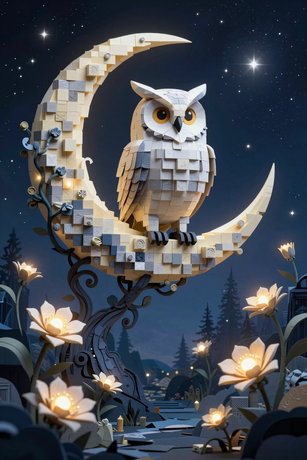 Gufo di papercraft a blocchi sulla luna crescente in una foresta stellata