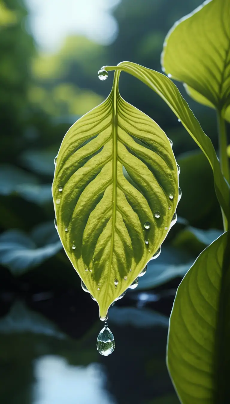 Macro mattutina di una foglia di hosta con goccia d’acqua riflettente
