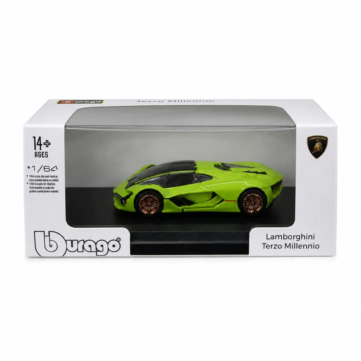 Carro de brinquedo verde-limão em escala 1:64 em caixa de exposição