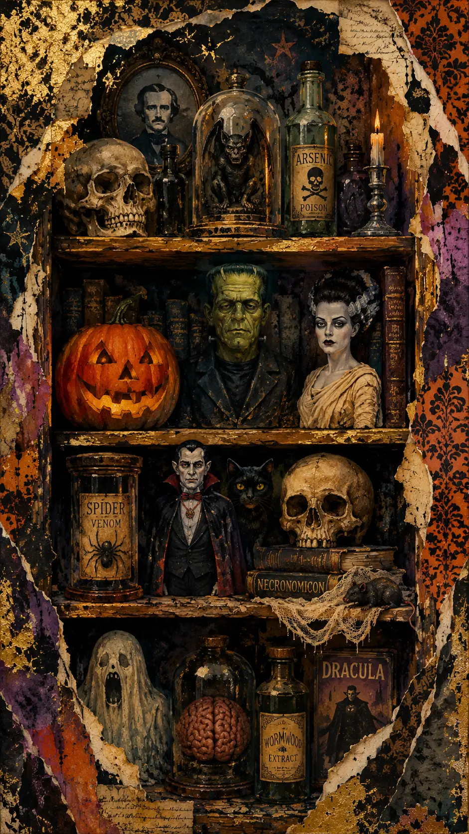 Prateleira mística de figuras de terror em aquarela e óleo coloridos