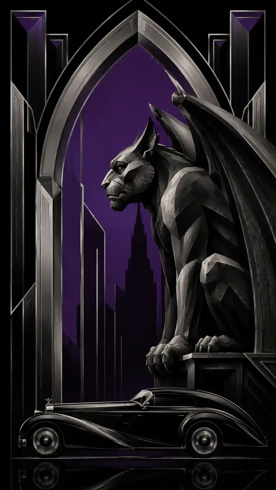 Mascotte gargoyle con auto di lusso in drammatico stile art déco