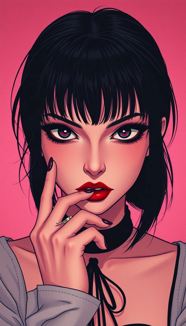Donna gotica dallo sguardo penetrante in stile anime retrò
