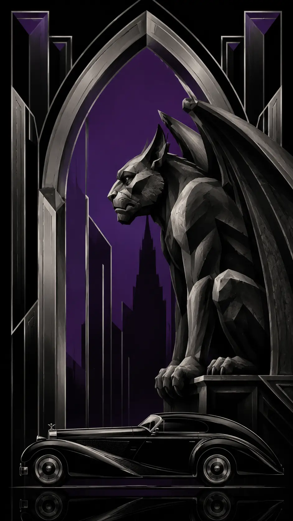 Mascotte gargoyle con auto di lusso in drammatico stile art déco