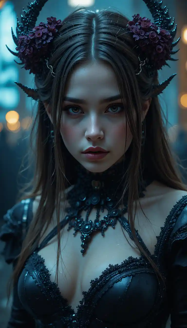 Donna gotica vista dall’alto in una scena cinematografica drammatica