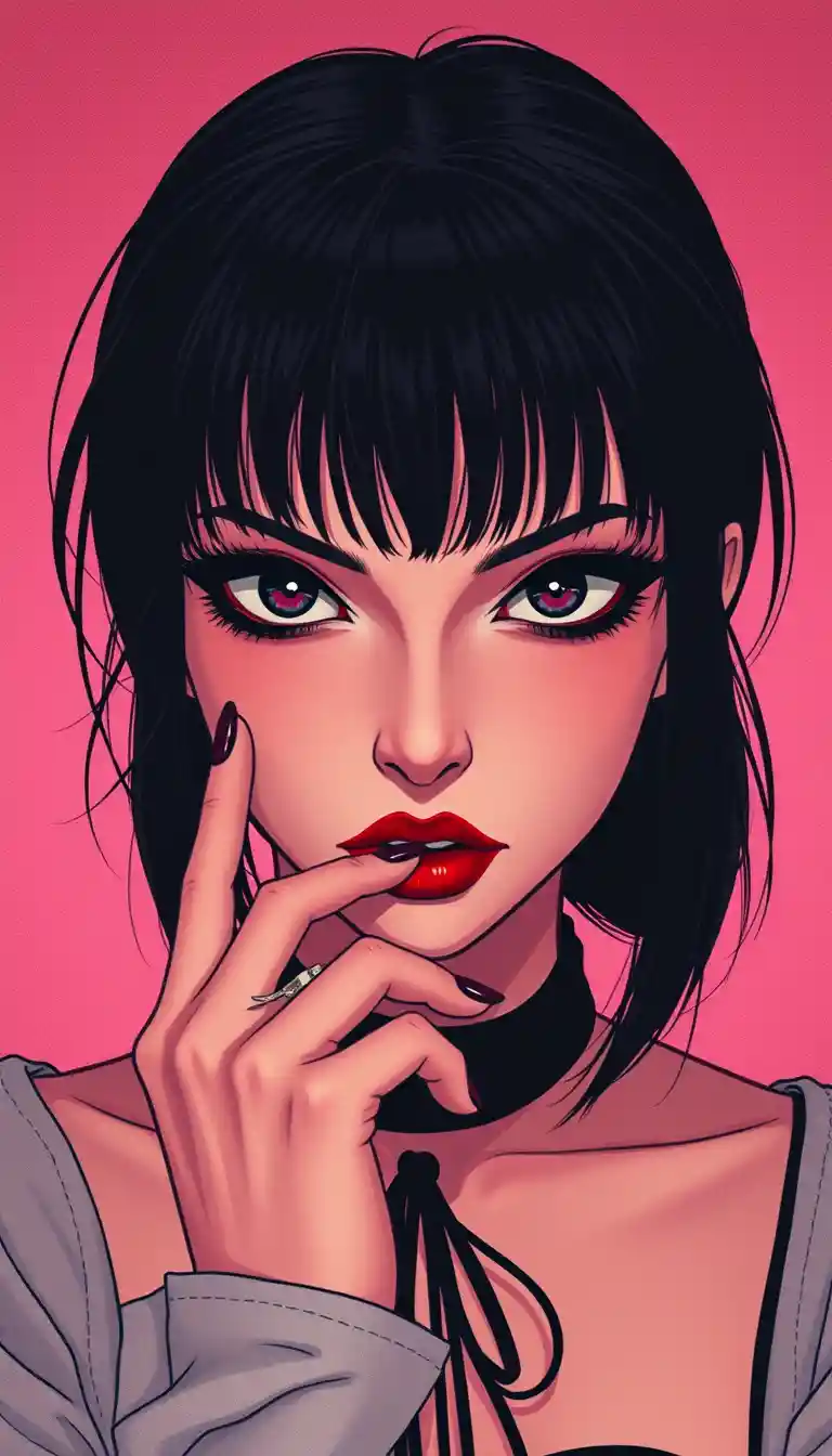 Donna gotica dallo sguardo penetrante in stile anime retrò