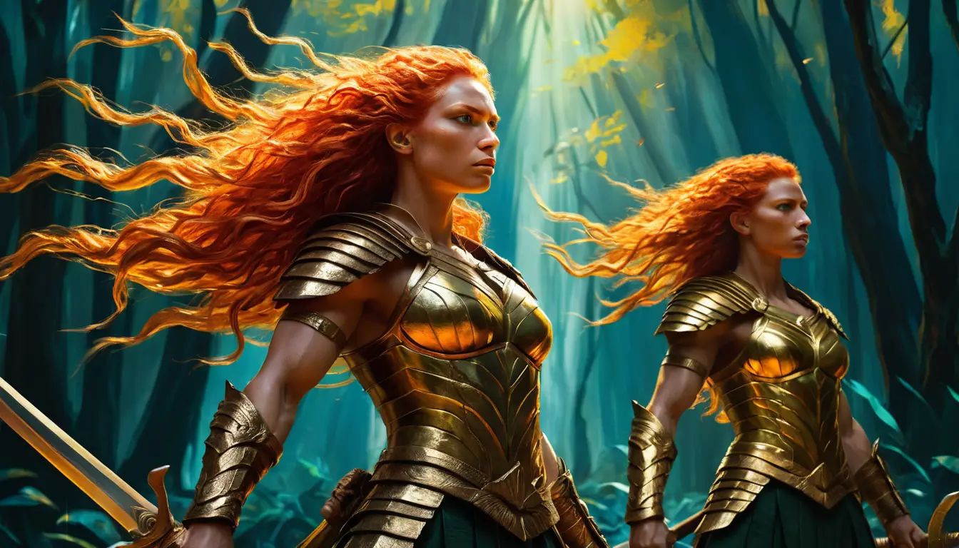Three Amazon warrior women with swords in bright sunlight