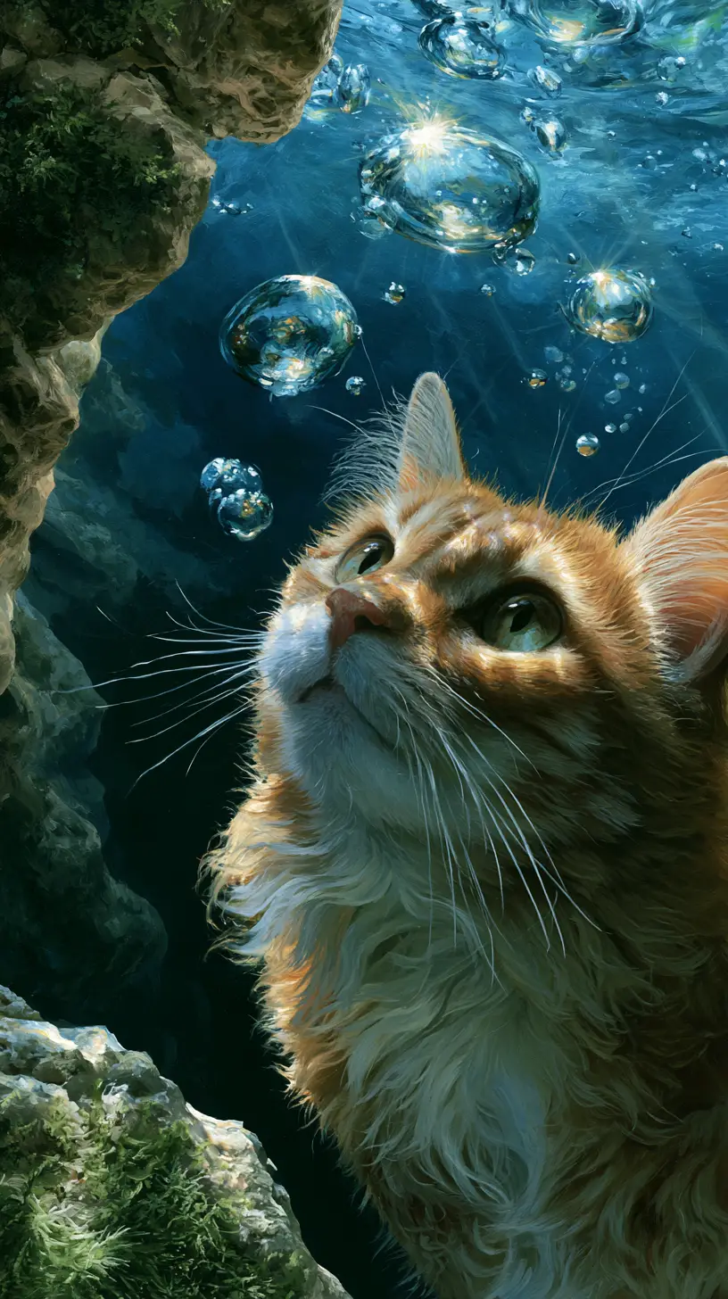Ritratto di gatto sott’acqua che tende verso la superficie illuminata dal sole