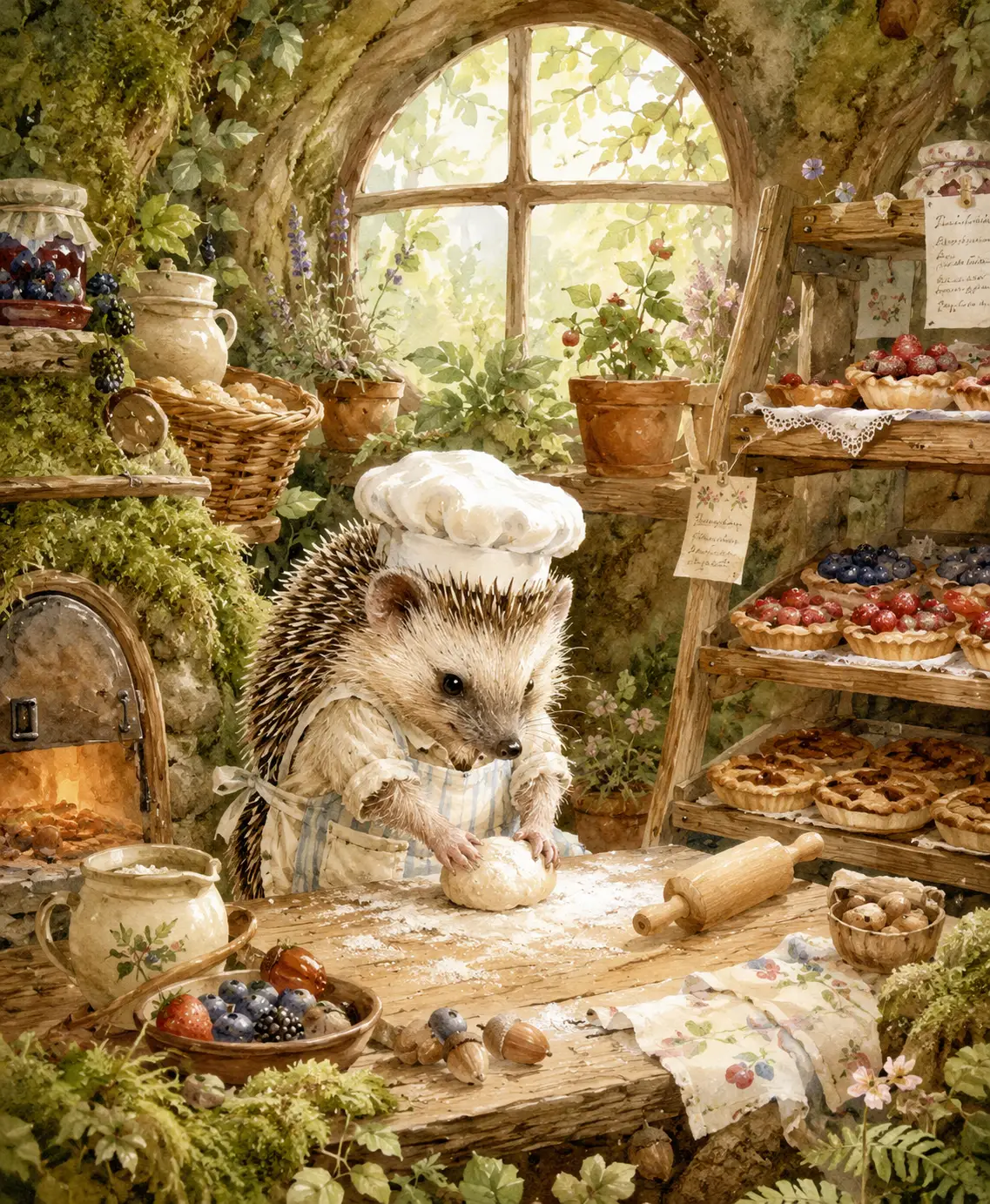 Piccolo riccio panettiere in una accogliente panetteria nel bosco
