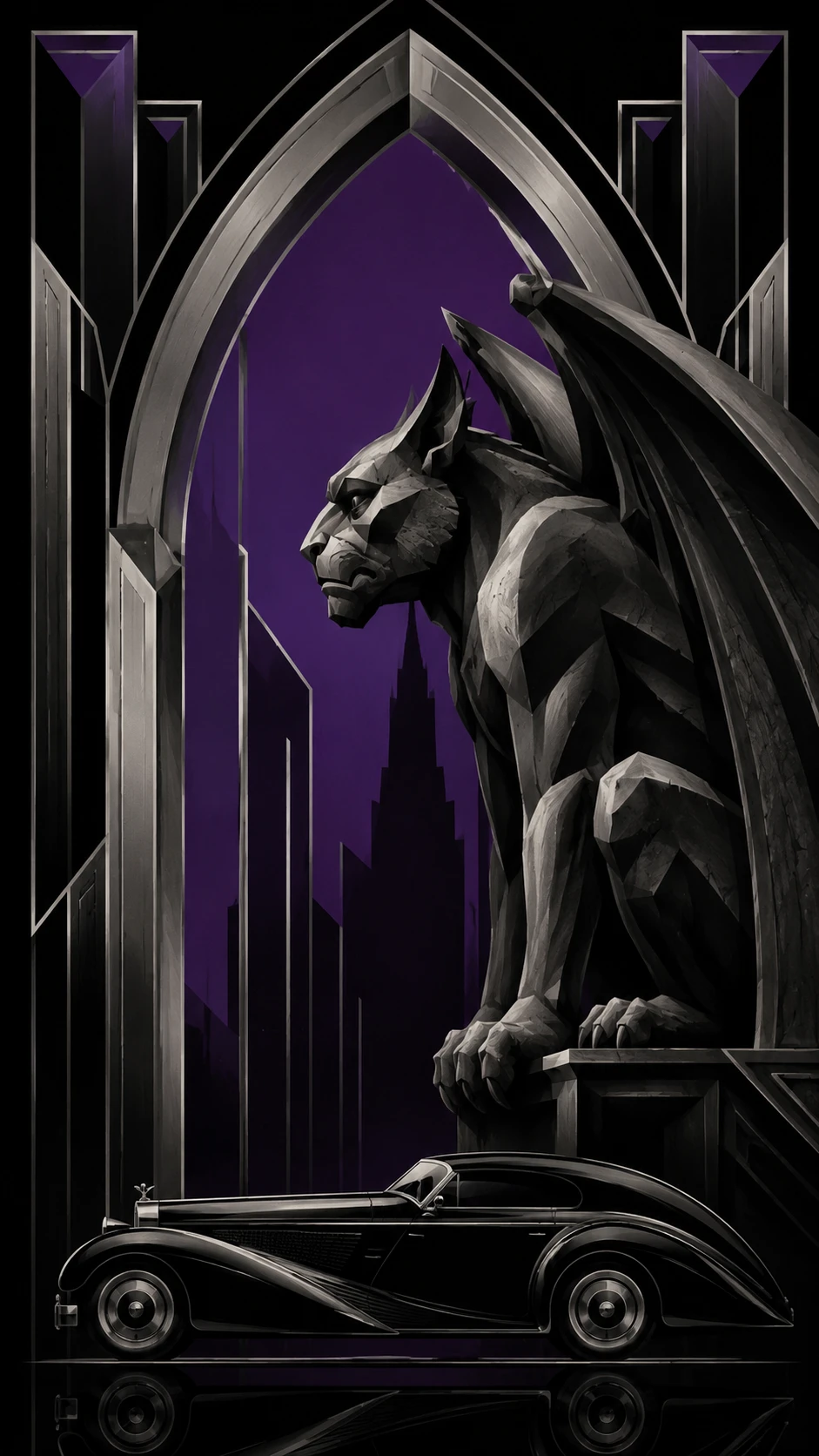 Mascotte gargoyle con auto di lusso in drammatico stile art déco