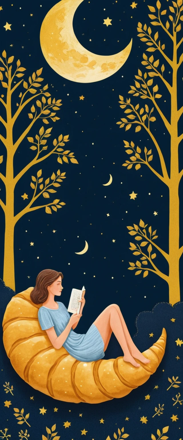 Sleeping woman on crescent moon above quiet village scene