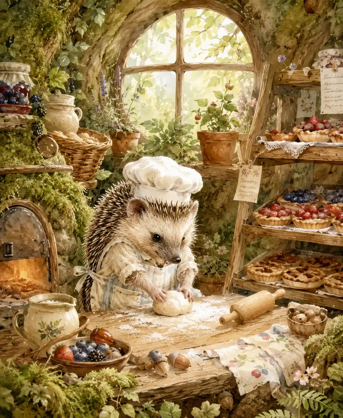Piccolo riccio panettiere in una accogliente panetteria nel bosco
