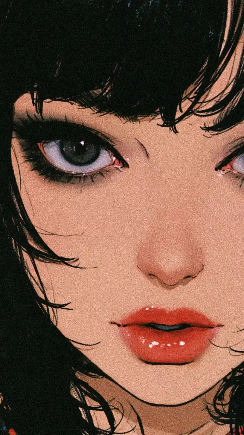 Primo piano di ragazza anime goth con occhi e labbra sorprendenti