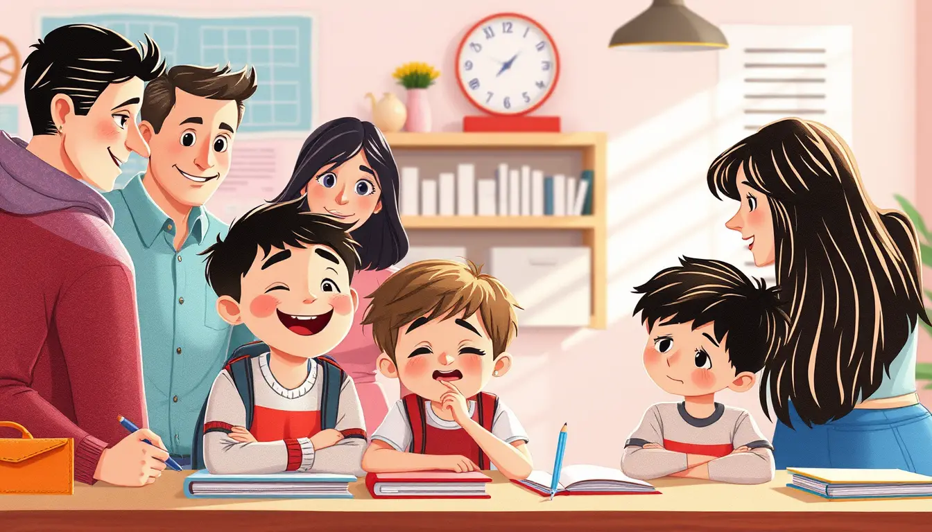 Parents and children gathering for a colorful school day
