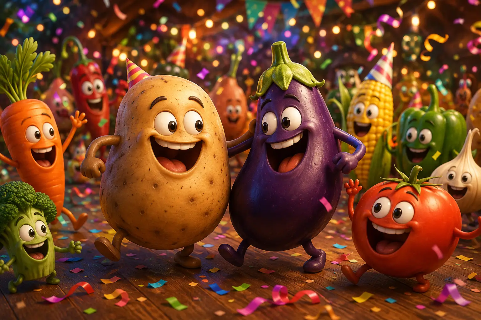 Allegre verdure cartoon che ridono insieme a una festa