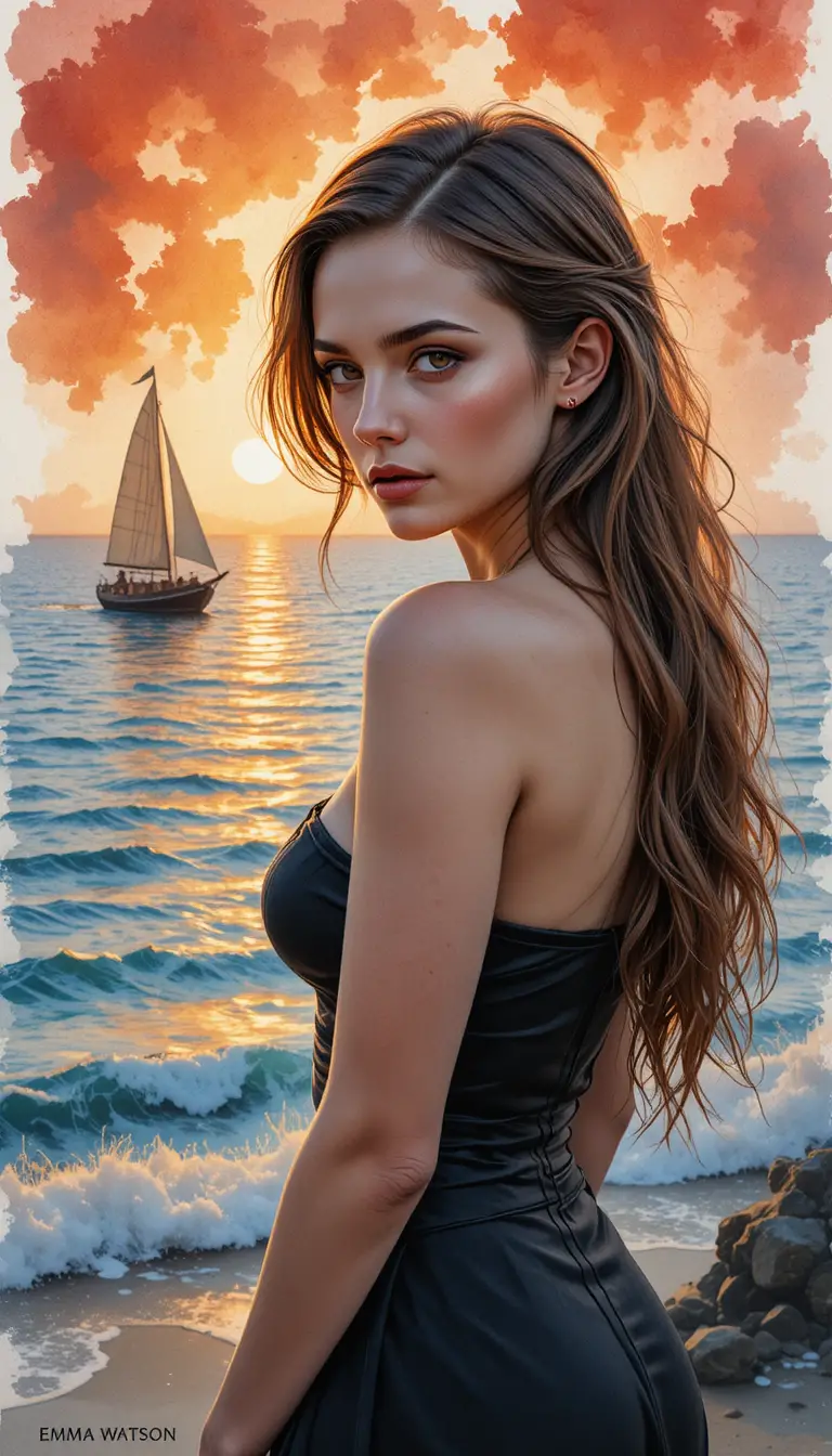 Watercolor portrait of a woman at sunset by the sea