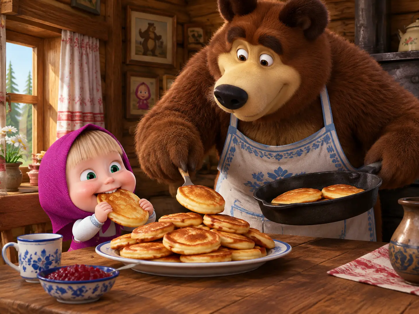 Bambina che mangia pancake con un orso amichevole