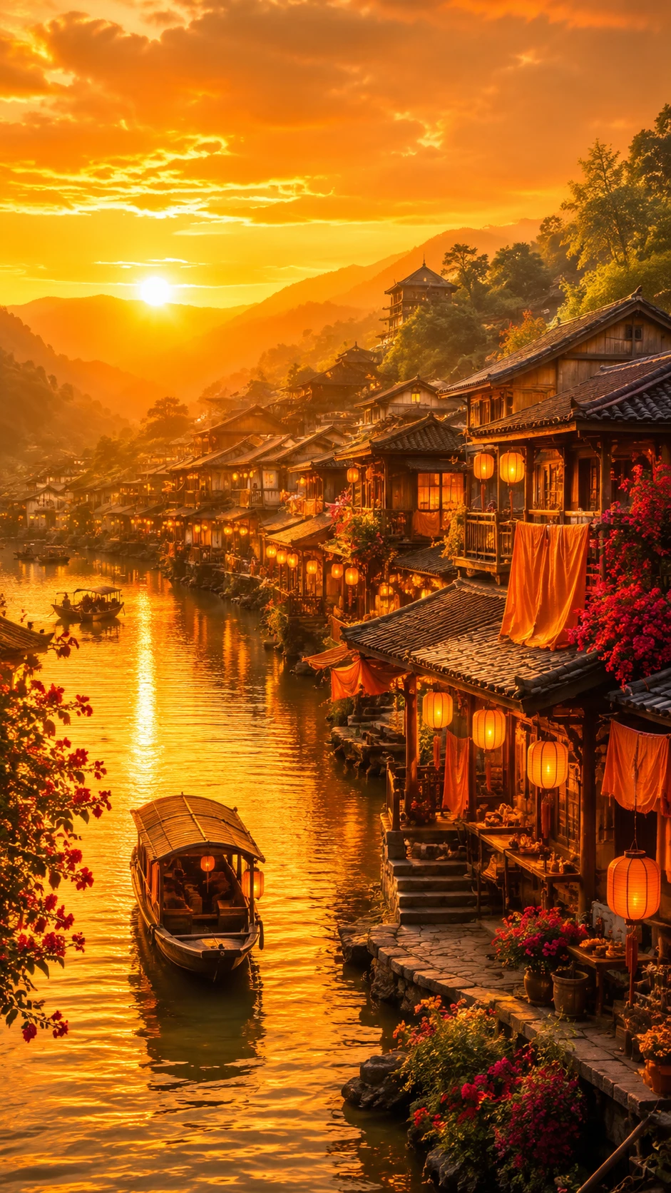 金色河畔小村在戲劇性夕陽下閃耀