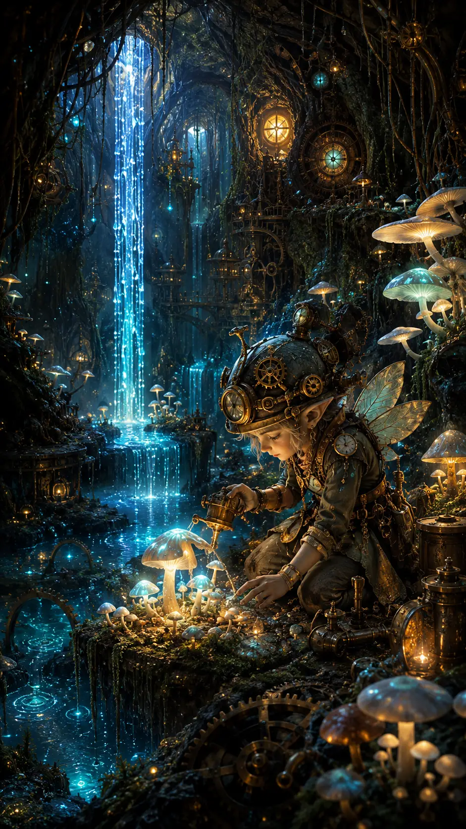 Duende mecánico cuidando hongos brillantes en un jardín de caverna