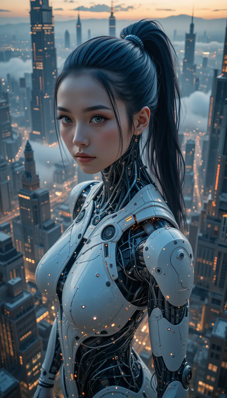 緑色の瞳を持つサイバネティックな女性のフォトリアルポートレート