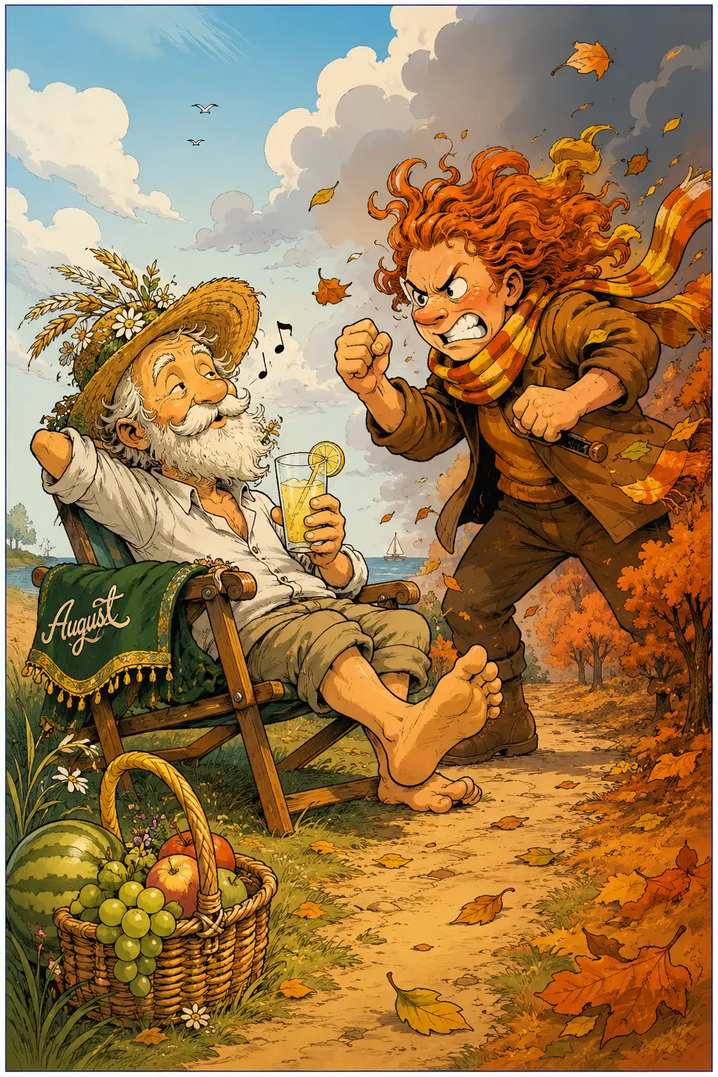 Illustrazione a fumetti giocosa dell’estate tardiva e dell’autunno simbolici