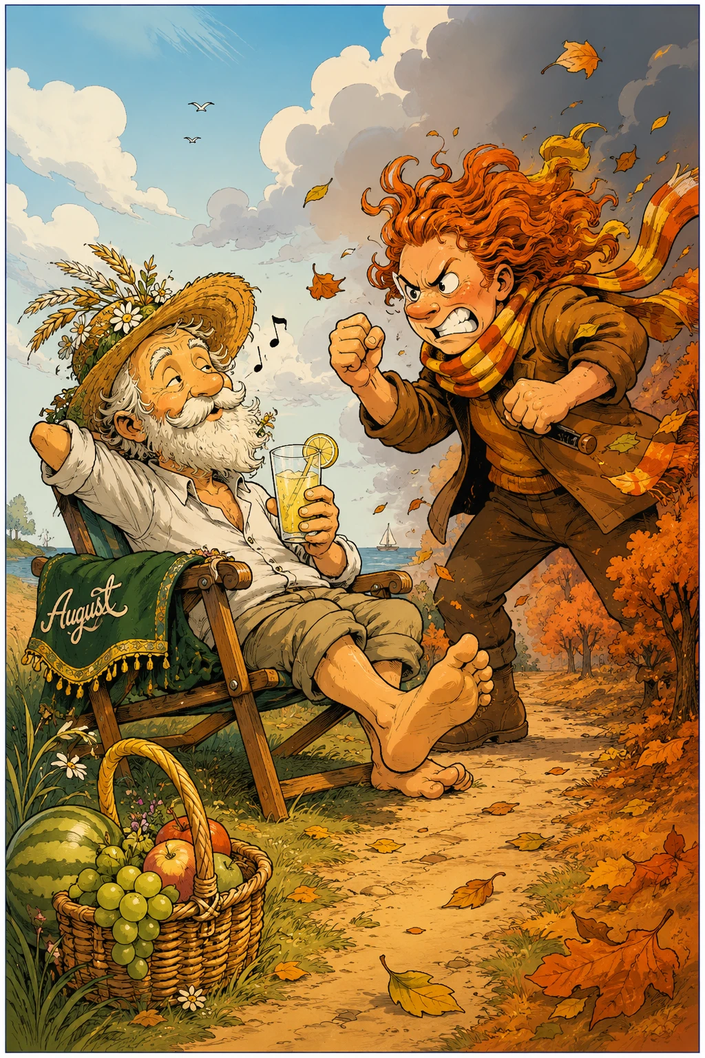 Playful comic illustration of symbolic late summer and autumn