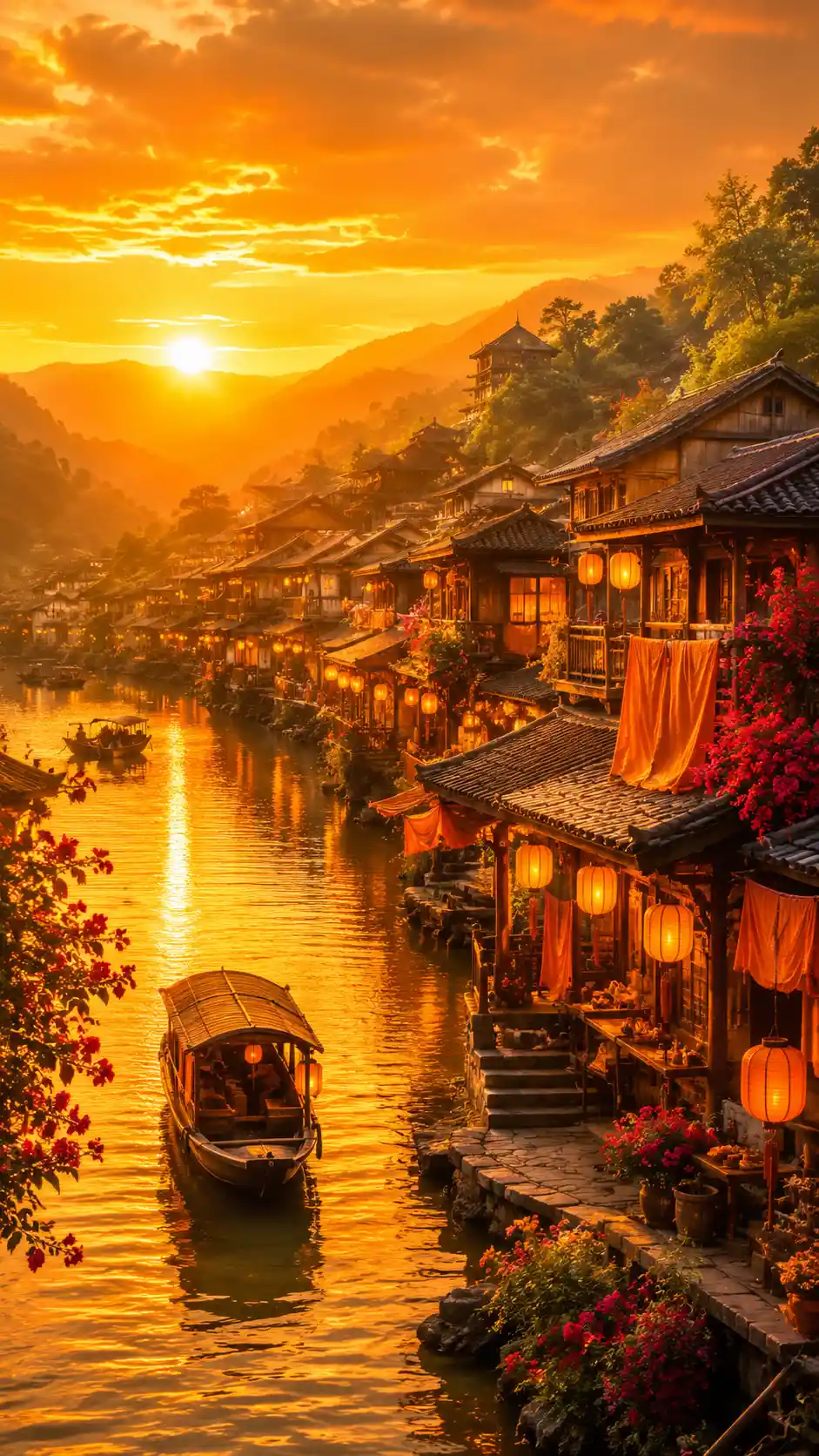 Villaggio sul fiume dorato che brilla al tramonto drammatico