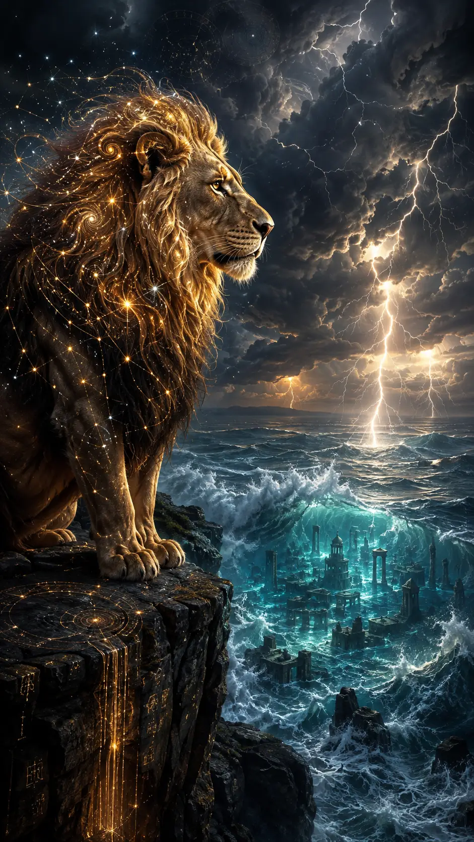 Leone dalla criniera celestiale che domina un mare in tempesta