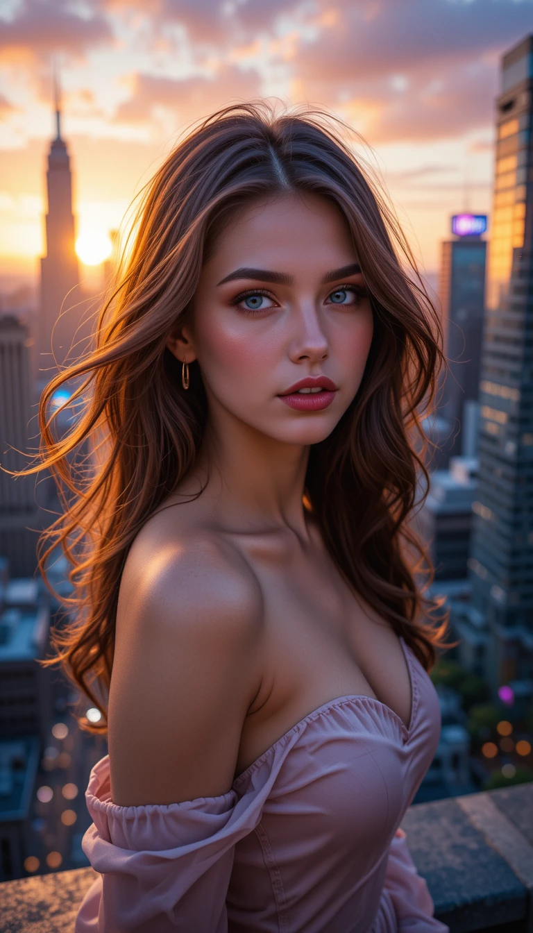 Donna bruna su un tetto al crepuscolo con skyline della città