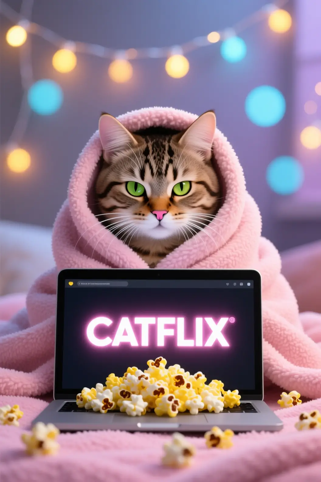 Gatto tigrato coccoloso che guarda un laptop sotto una coperta rosa