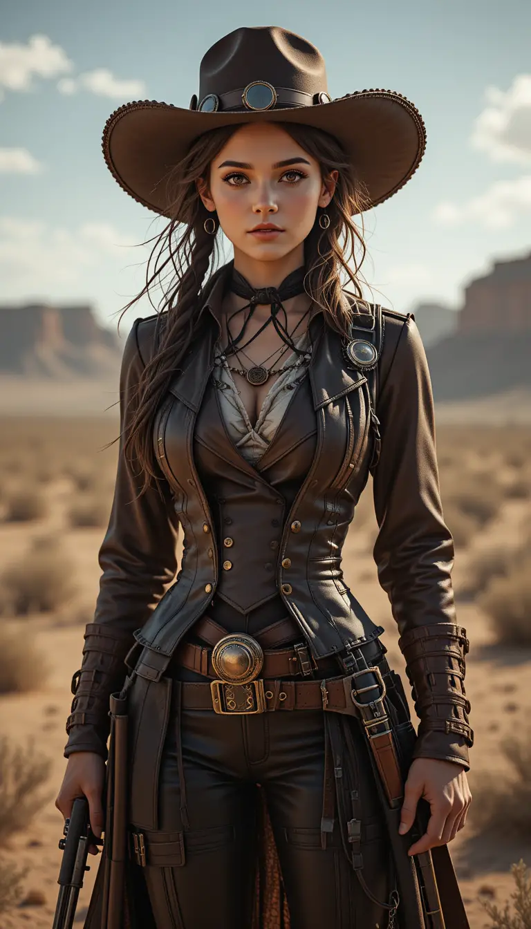 Pistolera steampunk in piedi nelle vaste pianure desertiche