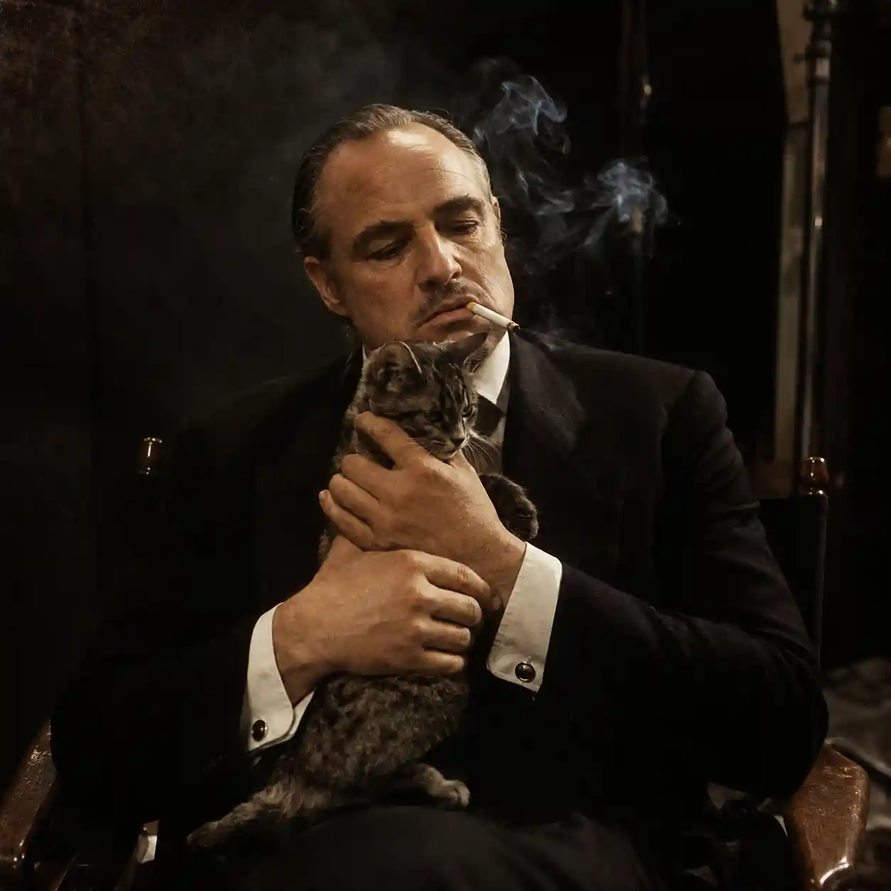 Actor resting with cat on dark film studio set