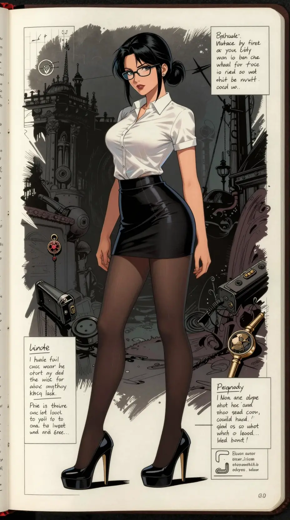 Maestra elegante con minifalda y blueprint de fantasía oscura
