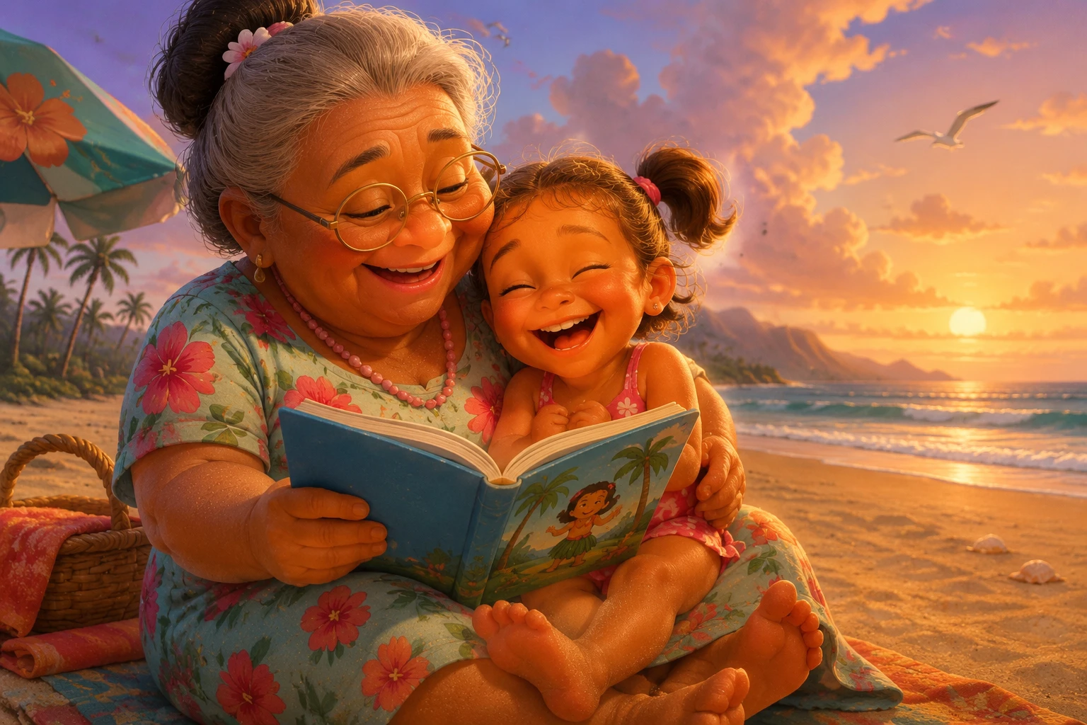 Ragazzina spensierata che ride in grembo alla nonna in spiaggia