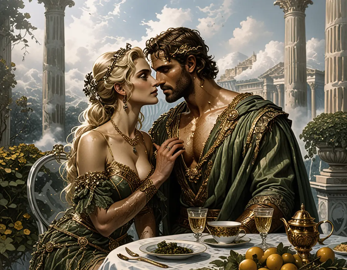 Römisches Paar bei einem dekadenten Dämmerungsbankett im Innenhof