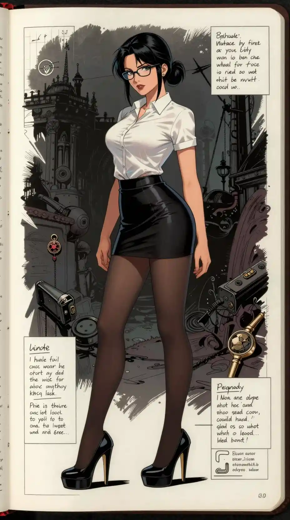 Maestra elegante con minifalda y blueprint de fantasía oscura