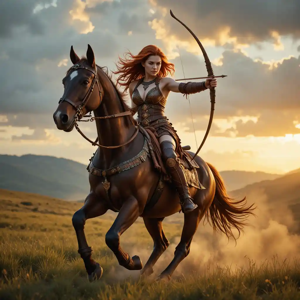 Red haired female warrior archer riding a galloping horse