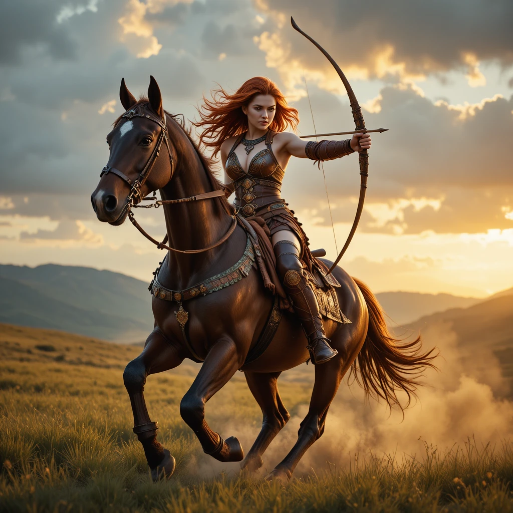 Red haired female warrior archer riding a galloping horse