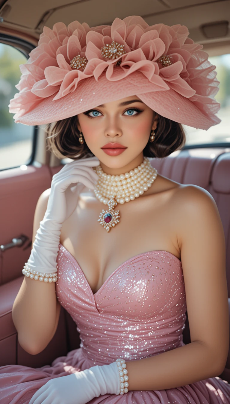 Femme élégante en tenue vintage rose dans une voiture classique